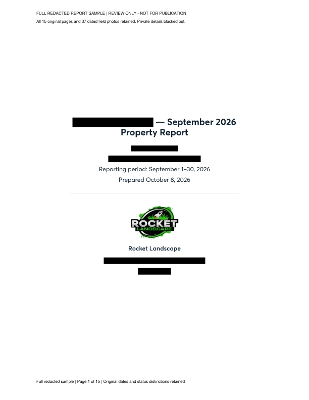 Cover of the full September 2026 property report sample with black privacy redaction bars